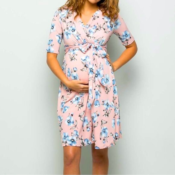 Pink Floral Maternity Nursing Wrap Dress Baby Shower Size Large - Picture 1 of 7